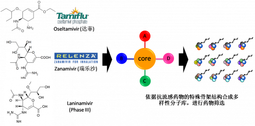 图2：以现有抗流感药物的结构为基础，进行多样性药物分子库的合成。