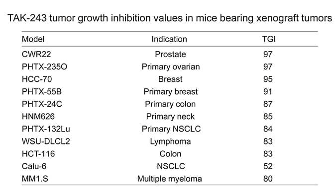 TAK-243是一种有效的泛素激活酶小分子抑制剂，具有体内抗肿瘤功效，通过凯时首页使用HCC70模型进行